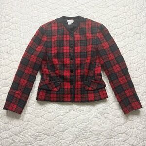 Vintage Tweed Plaid Blazer Wool Holiday Womens 8 Red Preppy Jacket Office Career